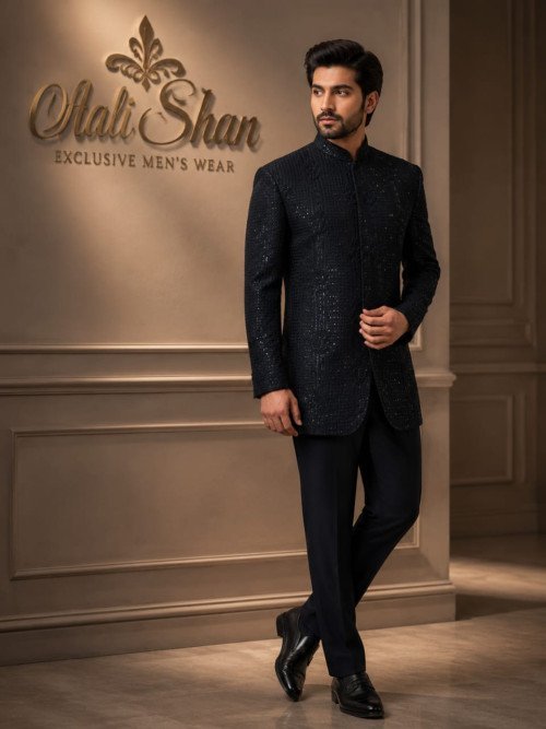Navy Blue Prince Coat with Black Embroidery – Bold & Sophisticated