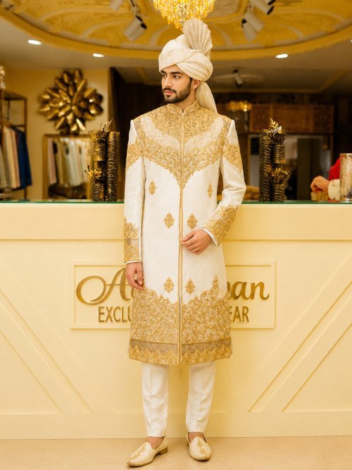 Signature White Sherwani in Luxe Print & Hand Embroidery