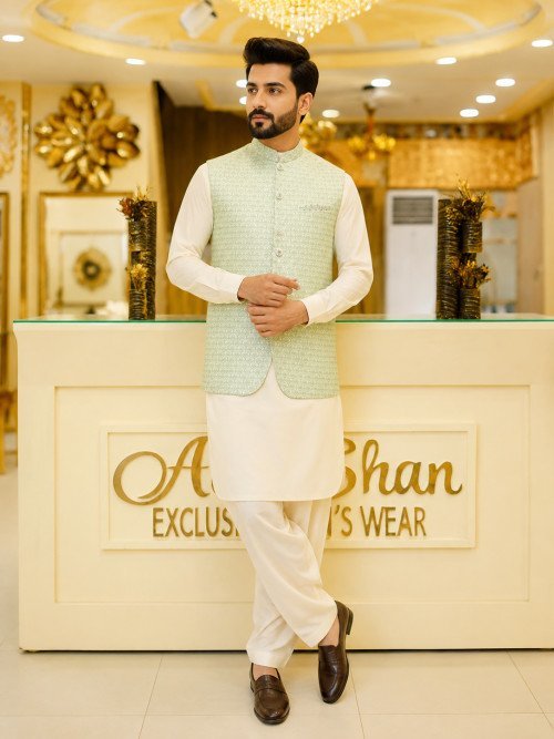 Green & White Embroidered Waistcoat with Stylish Detailing