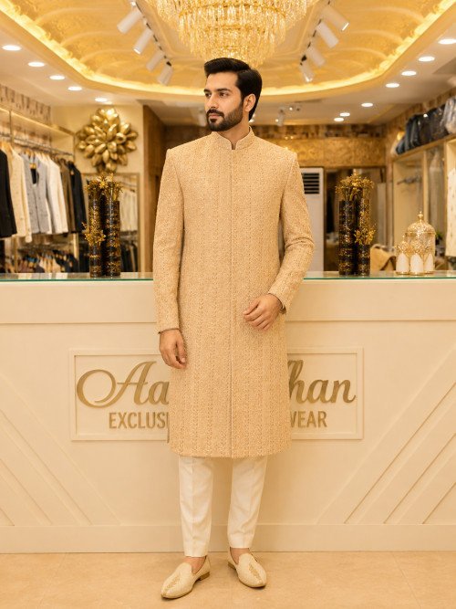 Sherwani for Men in Skin Styling with Elegant Hand Work Embroidery